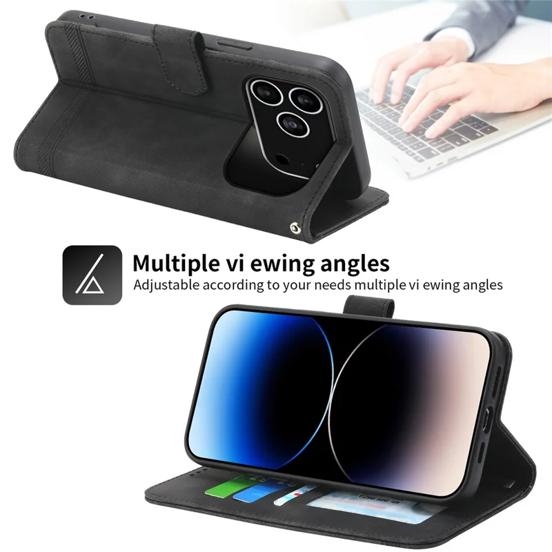 DIERFENG DF-03 Étui portefeuille en cuir avec motif de lignes pour iPhone 17 Pro, avec dragonne - Noir
