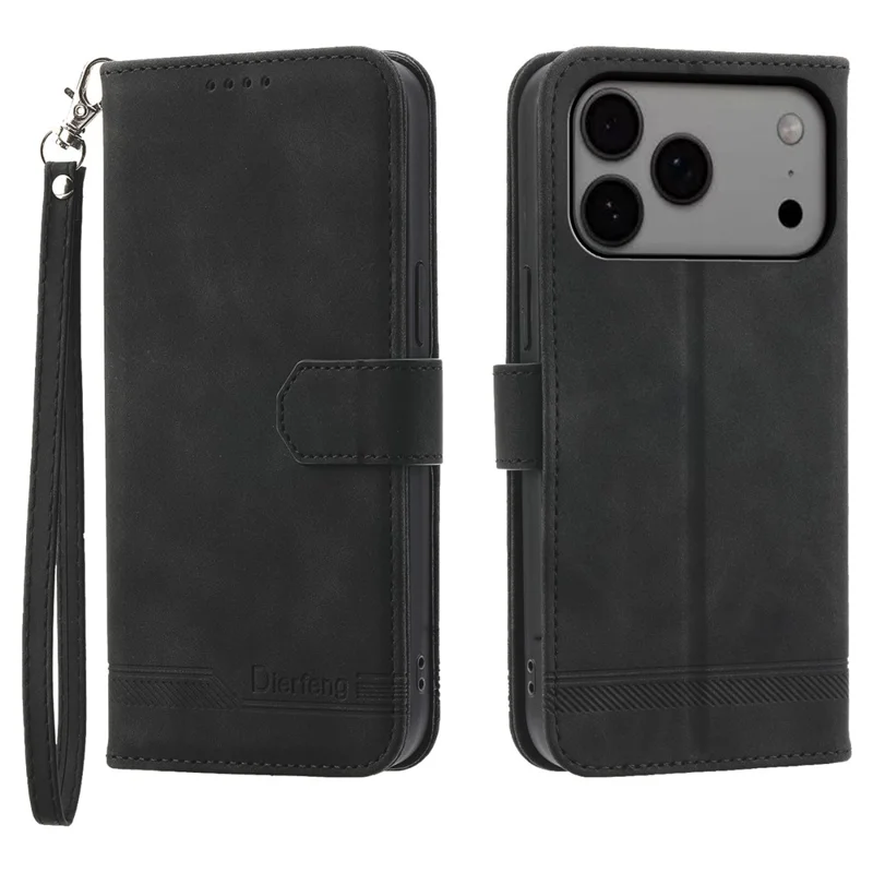 DIERFENG DF-03 Étui pour iPhone 17 Pro Max Lignes Impression Portefeuille Cuir Housse de Téléphone avec Sangle Poignet - Noir