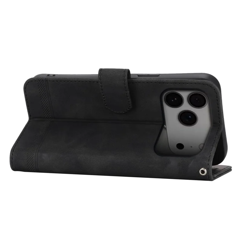 DIERFENG DF-03 Étui pour iPhone 17 Pro Max Lignes Impression Portefeuille Cuir Housse de Téléphone avec Sangle Poignet - Noir