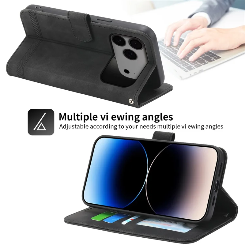 DIERFENG DF-03 Étui pour iPhone 17 Pro Max Lignes Impression Portefeuille Cuir Housse de Téléphone avec Sangle Poignet - Noir
