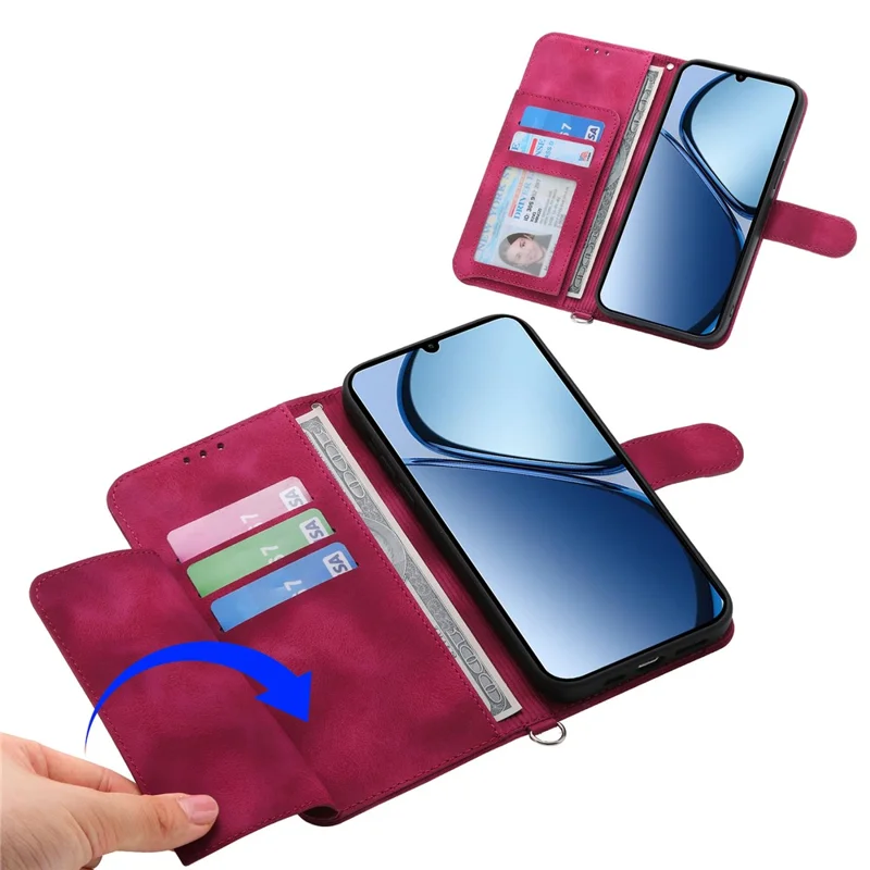 For Oppo Reno14 Pro 5G (Global) Case Flower Pattern PU Leather Wallet Phone Cover with Strap - Wine Red