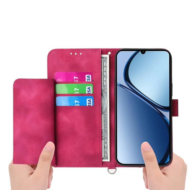 For Oppo Reno14 Pro 5G (Global) Case Flower Pattern PU Leather Wallet Phone Cover with Strap - Wine Red