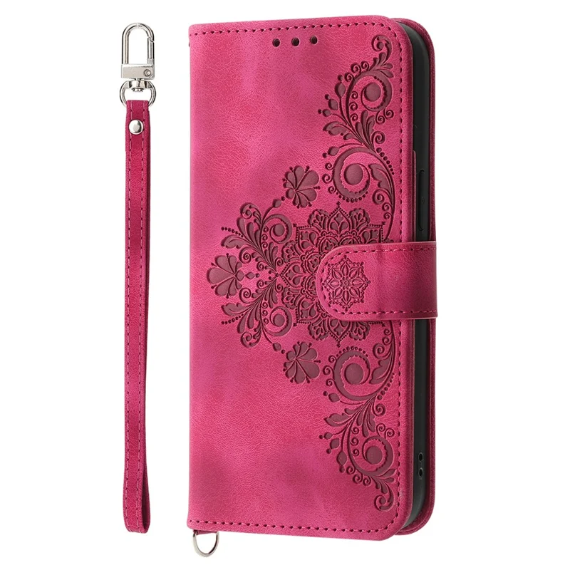 For Oppo Reno14 Pro 5G (Global) Case Flower Pattern PU Leather Wallet Phone Cover with Strap - Wine Red
