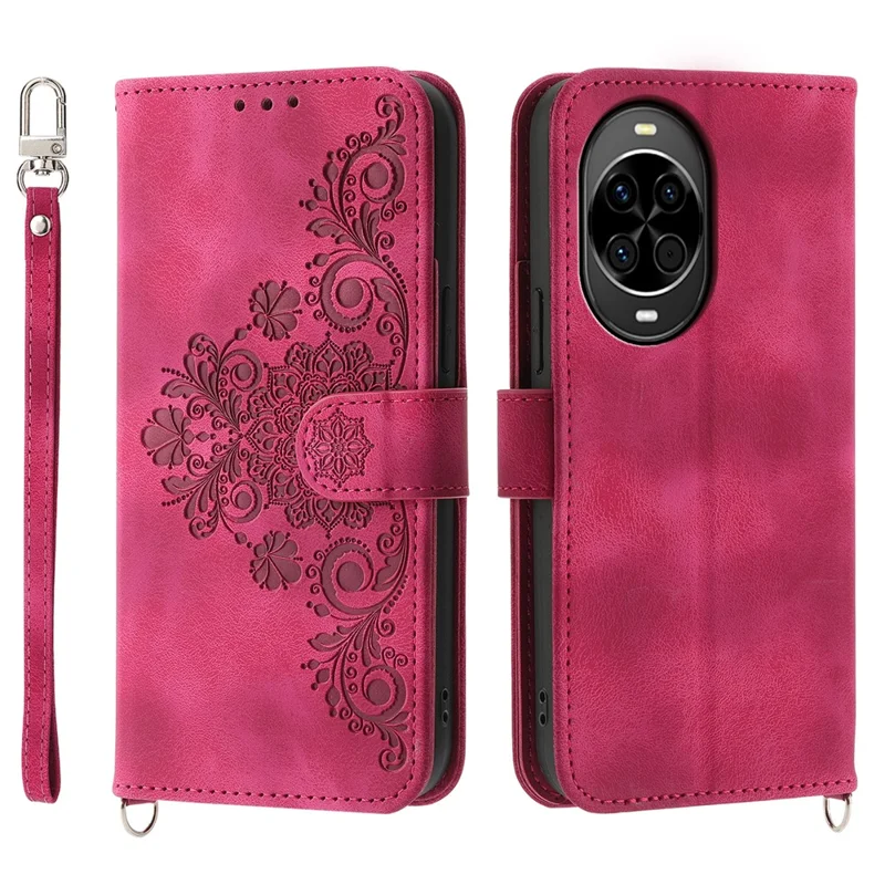 For Huawei nova 14 5G Case Flower Pattern PU Leather Wallet Phone Cover with Strap - Wine Red