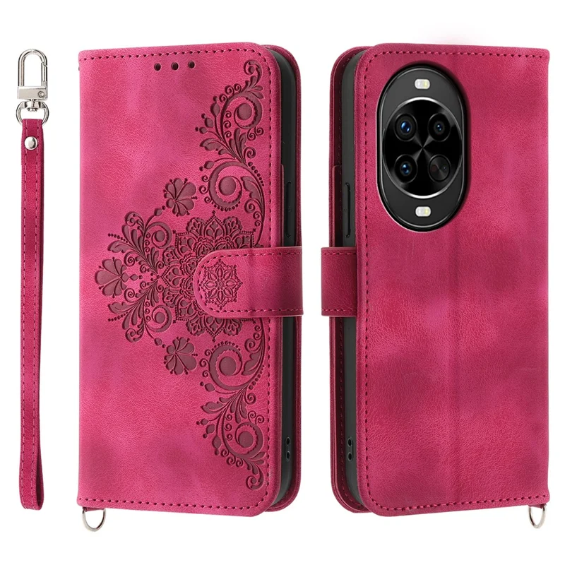 For Huawei nova 14 Pro 5G Case Flower Pattern PU Leather Wallet Phone Cover with Strap - Wine Red
