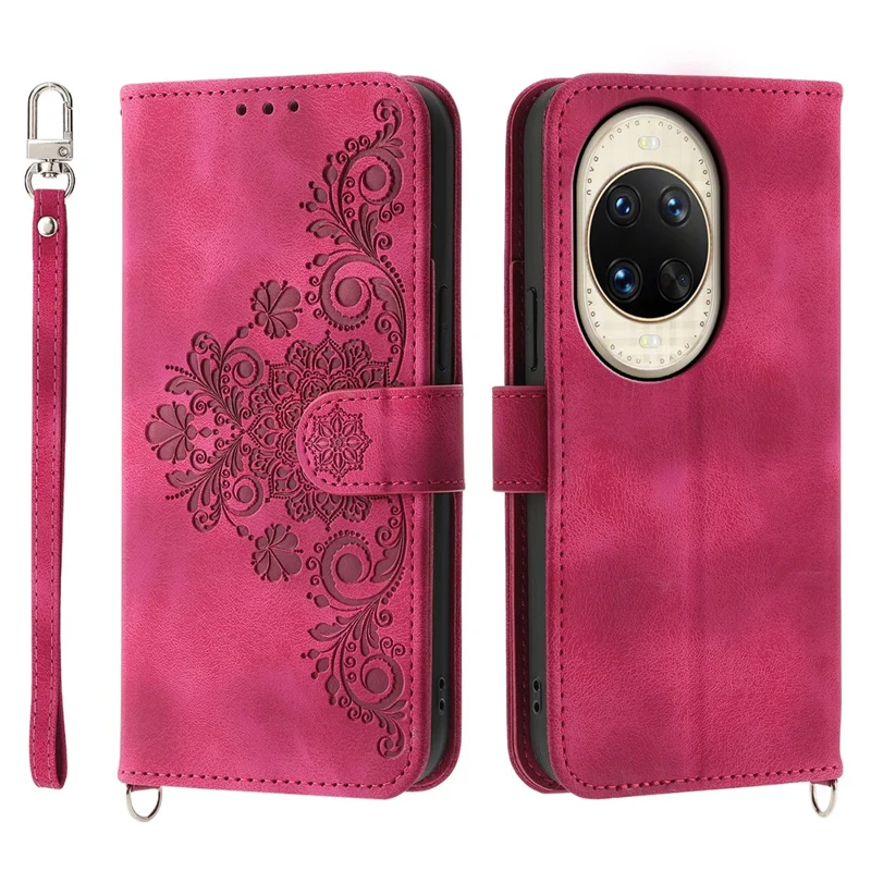 Capa para Huawei nova 14 Ultra 5G com Padrão Floral, Carteira de Couro Sintético com Alça - Vermelho Vinho
