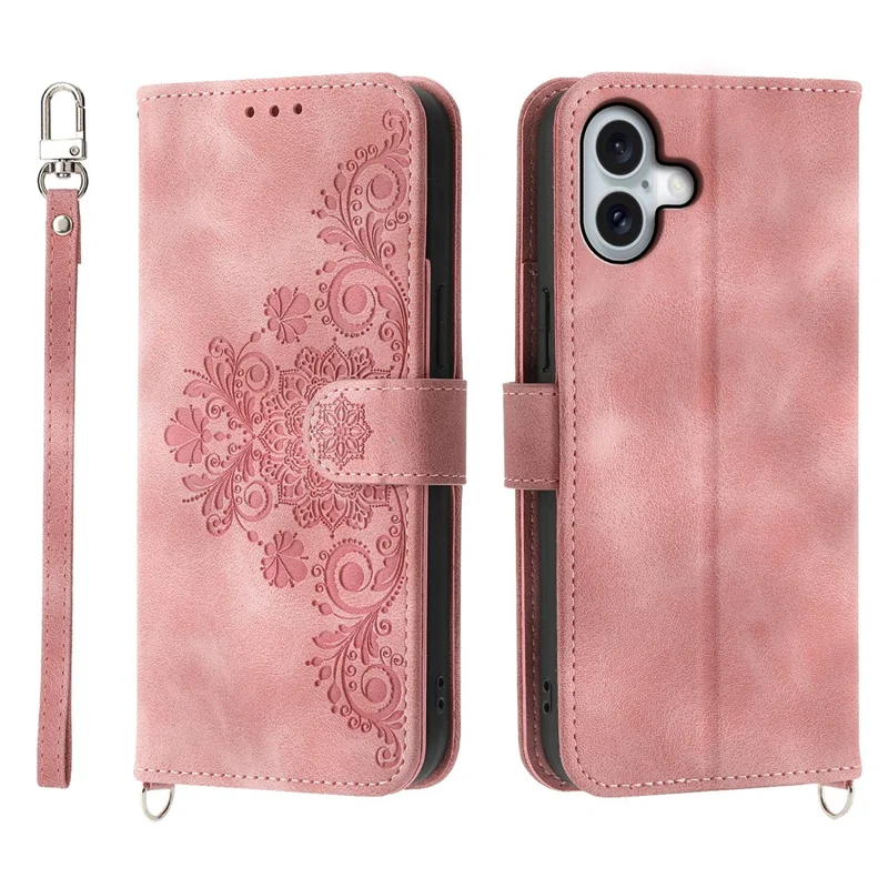 For iPhone 17 Case Flower Pattern PU Leather Wallet Phone Cover with Strap - Pink