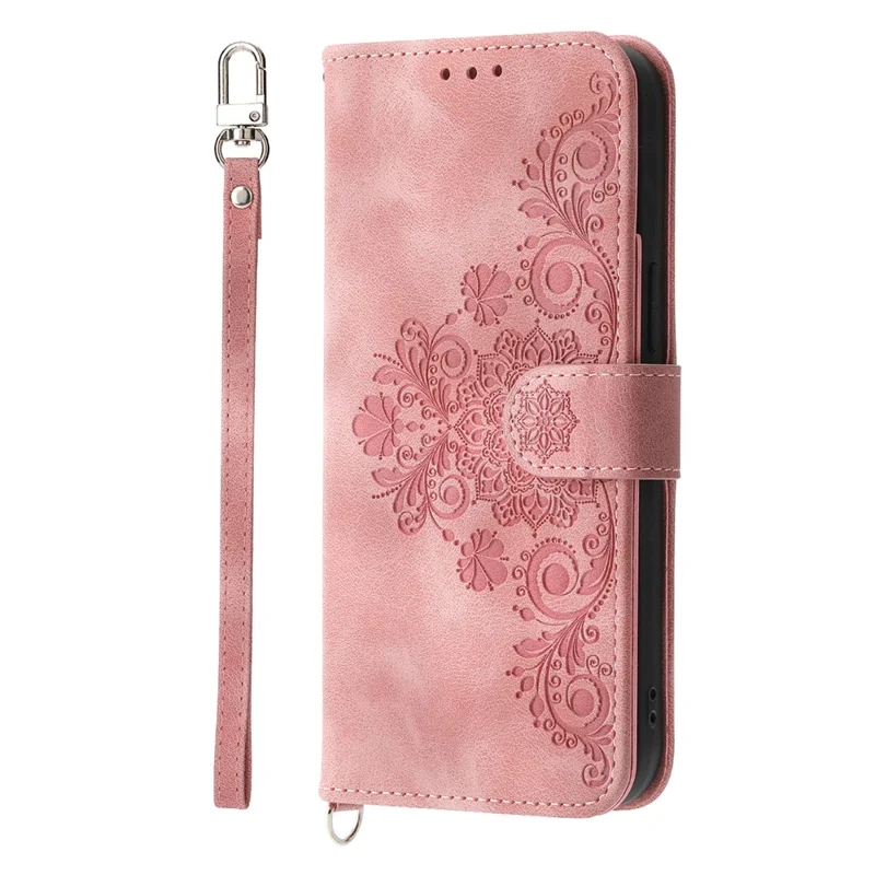 For iPhone 17 Case Flower Pattern PU Leather Wallet Phone Cover with Strap - Pink