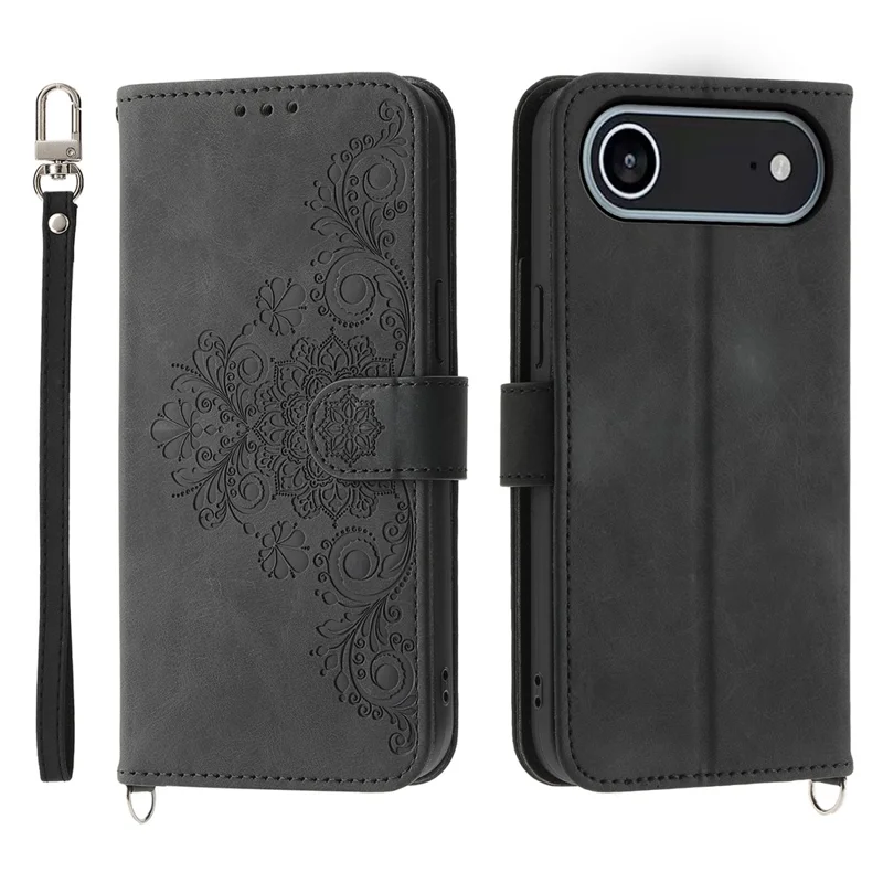 For iPhone 17 Air Case Flower Pattern PU Leather Wallet Phone Cover with Strap - Black