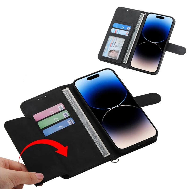 For iPhone 17 Air Case Flower Pattern PU Leather Wallet Phone Cover with Strap - Black