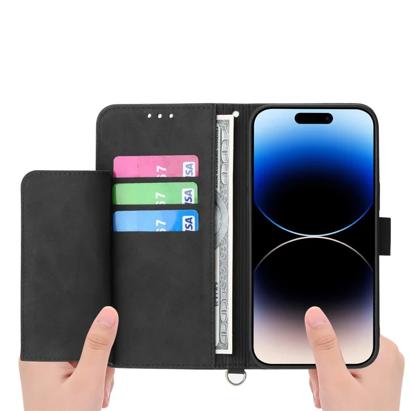 For iPhone 17 Air Case Flower Pattern PU Leather Wallet Phone Cover with Strap - Black
