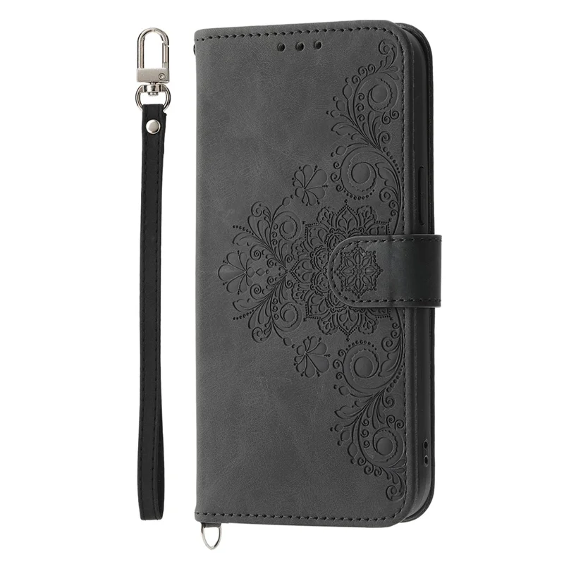 For iPhone 17 Air Case Flower Pattern PU Leather Wallet Phone Cover with Strap - Black