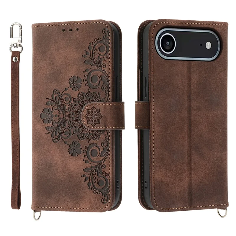 For iPhone 17 Air Case Flower Pattern PU Leather Wallet Phone Cover with Strap - Brown