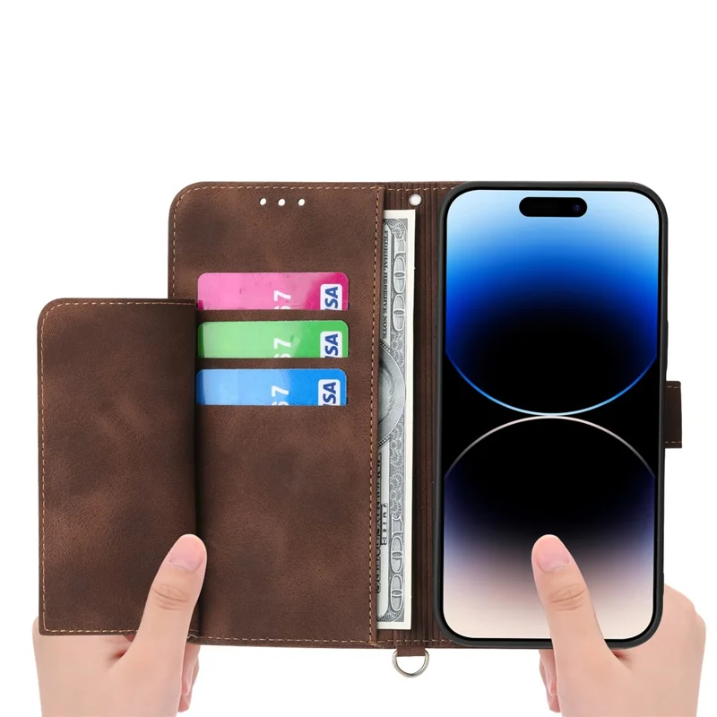For iPhone 17 Air Case Flower Pattern PU Leather Wallet Phone Cover with Strap - Brown