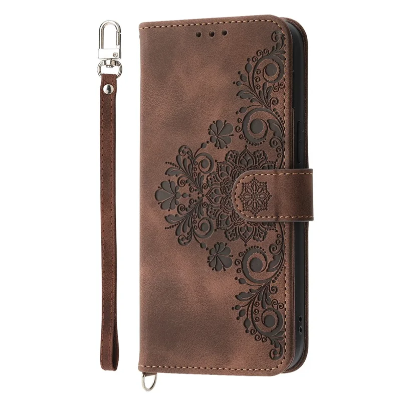 For iPhone 17 Air Case Flower Pattern PU Leather Wallet Phone Cover with Strap - Brown