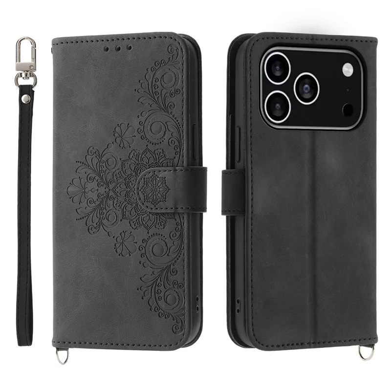 For iPhone 17 Pro Case Flower Pattern PU Leather Wallet Phone Cover with Strap - Black