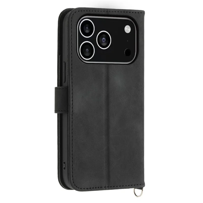 For iPhone 17 Pro Case Flower Pattern PU Leather Wallet Phone Cover with Strap - Black