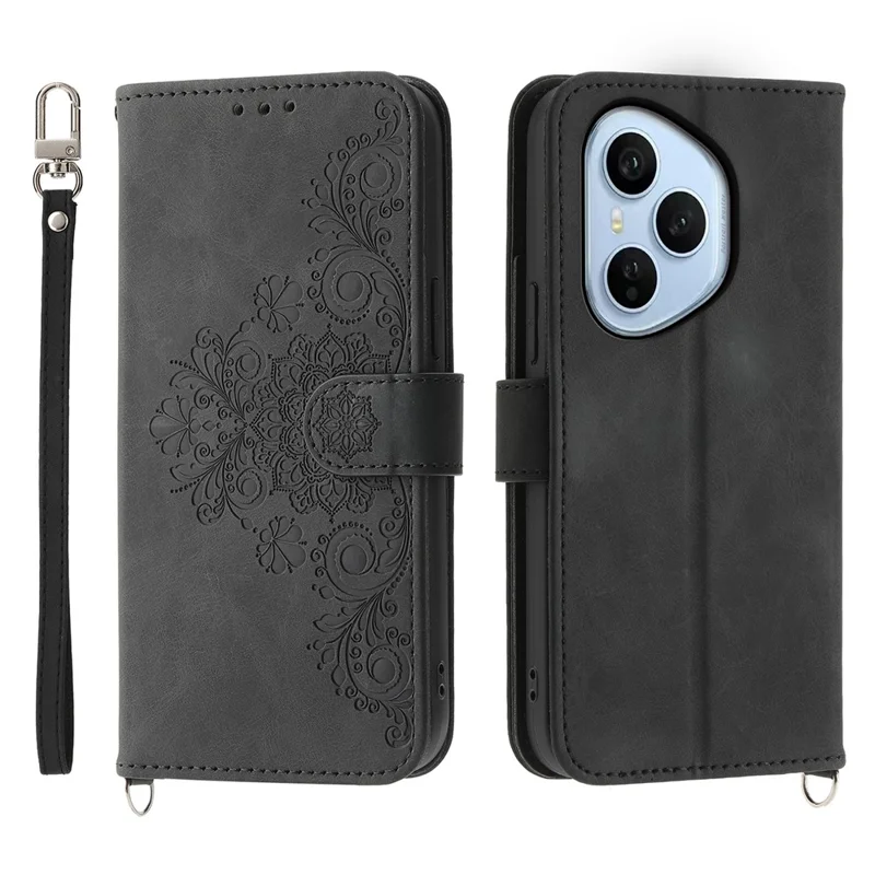 Til Honor 400 Pro 5G (Global) Etui Blomstermønster PU Læder Wallet Telefondækning med Rem - Sort