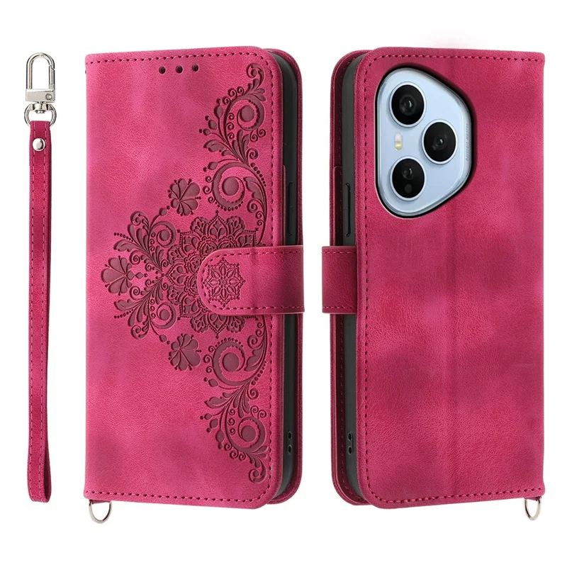 For Honor 400 Pro 5G (Global) Case Flower Pattern PU Leather Wallet Phone Cover with Strap - Wine Red