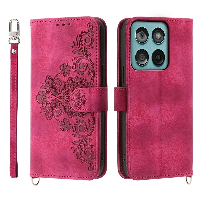 For Motorola Edge 60 Fusion 5G Case Flower Pattern PU Leather Wallet Phone Cover with Strap - Wine Red