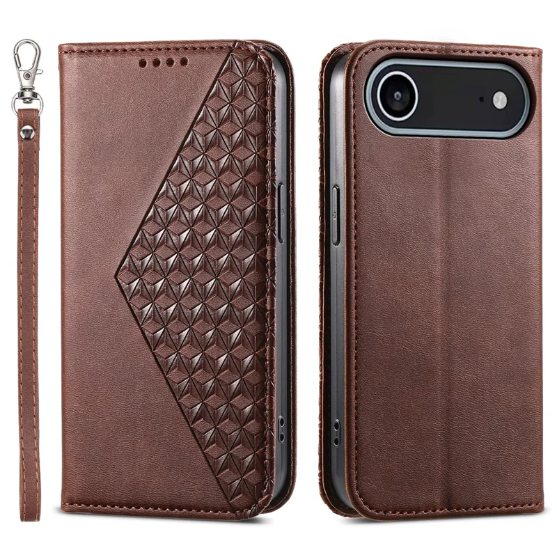 Für iPhone 17 Air Case Lederhülle mit Kalbleder-Textur Geldbörsen-Handyhülle mit Handschlaufe - Braun