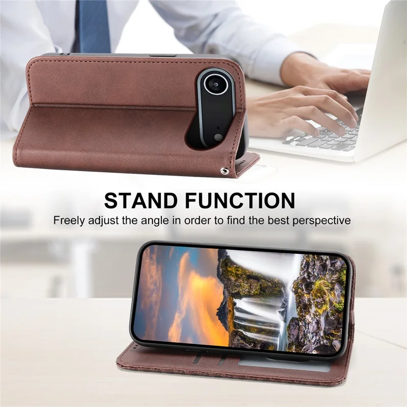 Für iPhone 17 Air Case Lederhülle mit Kalbleder-Textur Geldbörsen-Handyhülle mit Handschlaufe - Braun