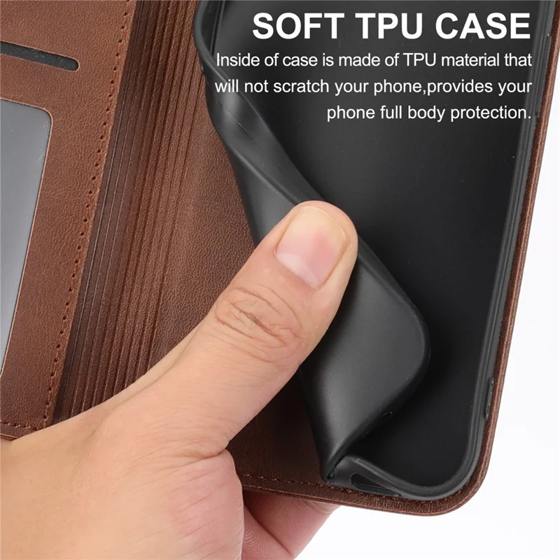 Für iPhone 17 Air Case Lederhülle mit Kalbleder-Textur Geldbörsen-Handyhülle mit Handschlaufe - Braun