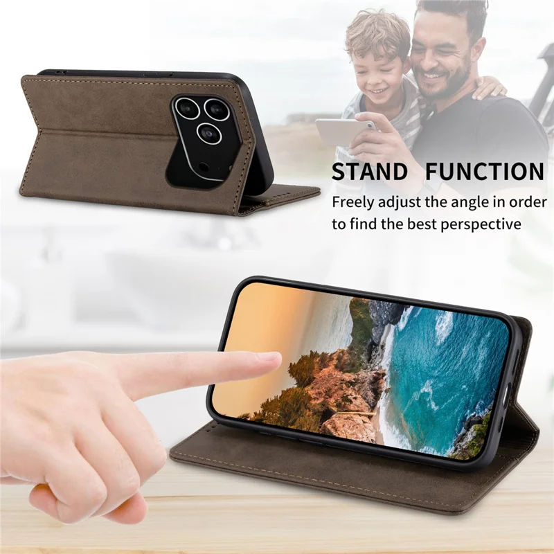 For iPhone 17 Pro Wallet Case RFID Blocking PU Leather Phone Cover - Brown