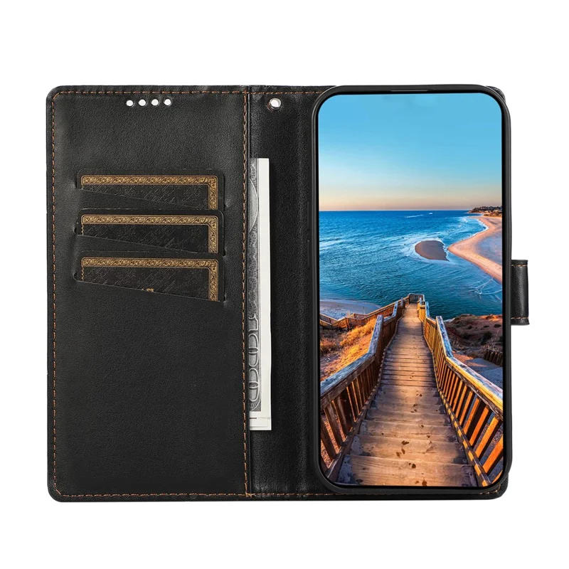 For iPhone 17 Air Phone Case Line Imprint Leather Wallet Cover with Wrist Strap - Black