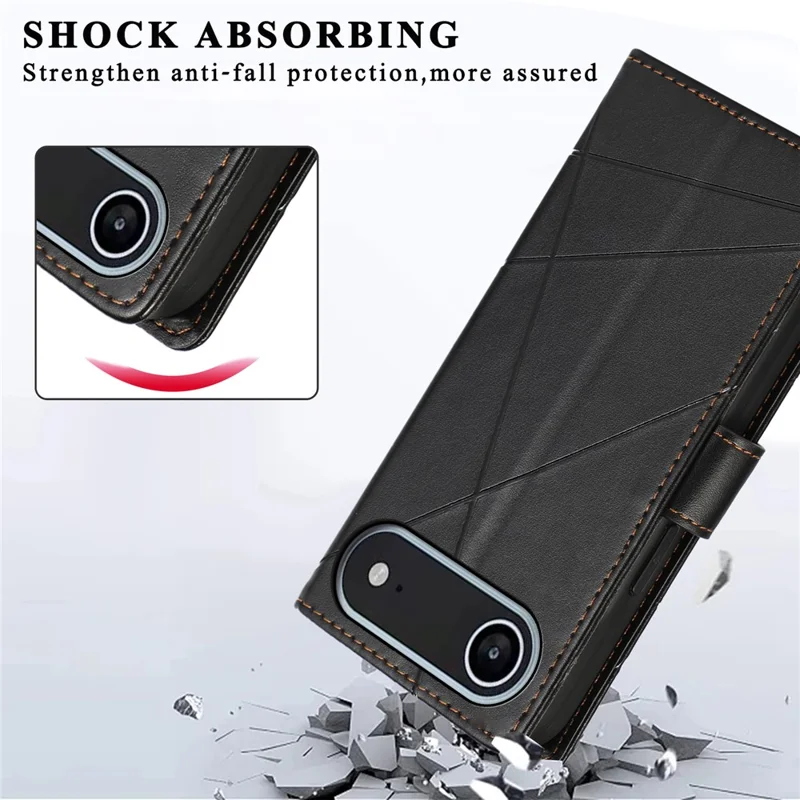 For iPhone 17 Air Phone Case Line Imprint Leather Wallet Cover with Wrist Strap - Black