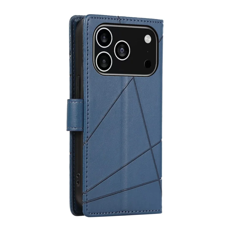 For iPhone 17 Pro hoesje met lijndessin lederen portemonneebehuizing met polsbandje - Blauw