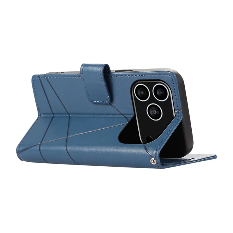 For iPhone 17 Pro hoesje met lijndessin lederen portemonneebehuizing met polsbandje - Blauw