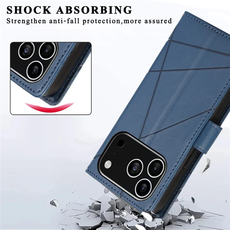 For iPhone 17 Pro hoesje met lijndessin lederen portemonneebehuizing met polsbandje - Blauw