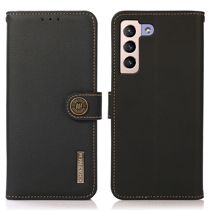 KHAZNEH For Samsung Galaxy S23+ Magnetic Clasp Phone Wallet Case Genuine Leather RFID Blocking Foldable Stand Protective Cover - Black