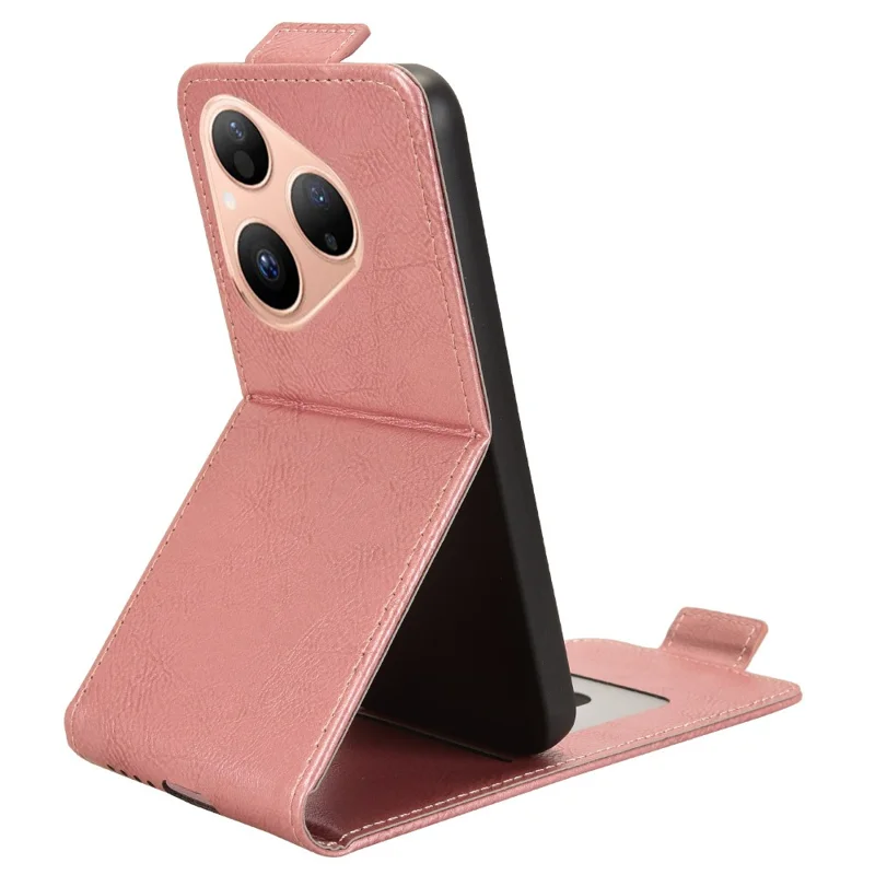 Capa Huawei Pura 80 com Suporte e Fecho Magnético - Flip Vertical em Couro com Porta-cartões - Dourado Rosé