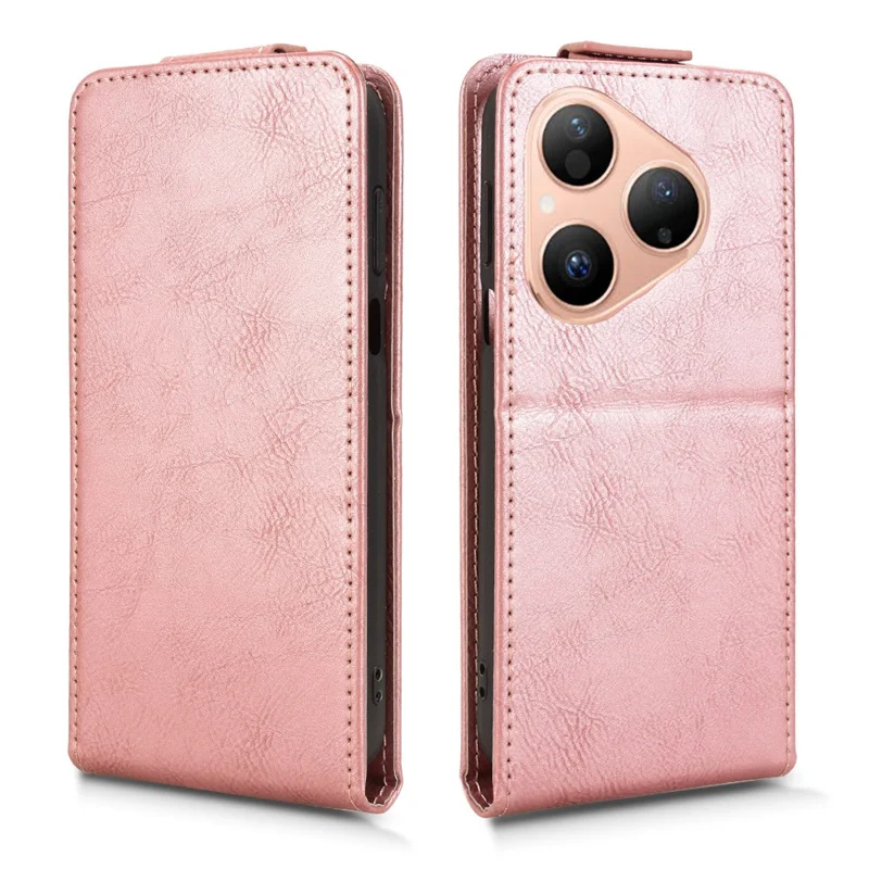 Capa Huawei Pura 80 com Suporte e Fecho Magnético - Flip Vertical em Couro com Porta-cartões - Dourado Rosé
