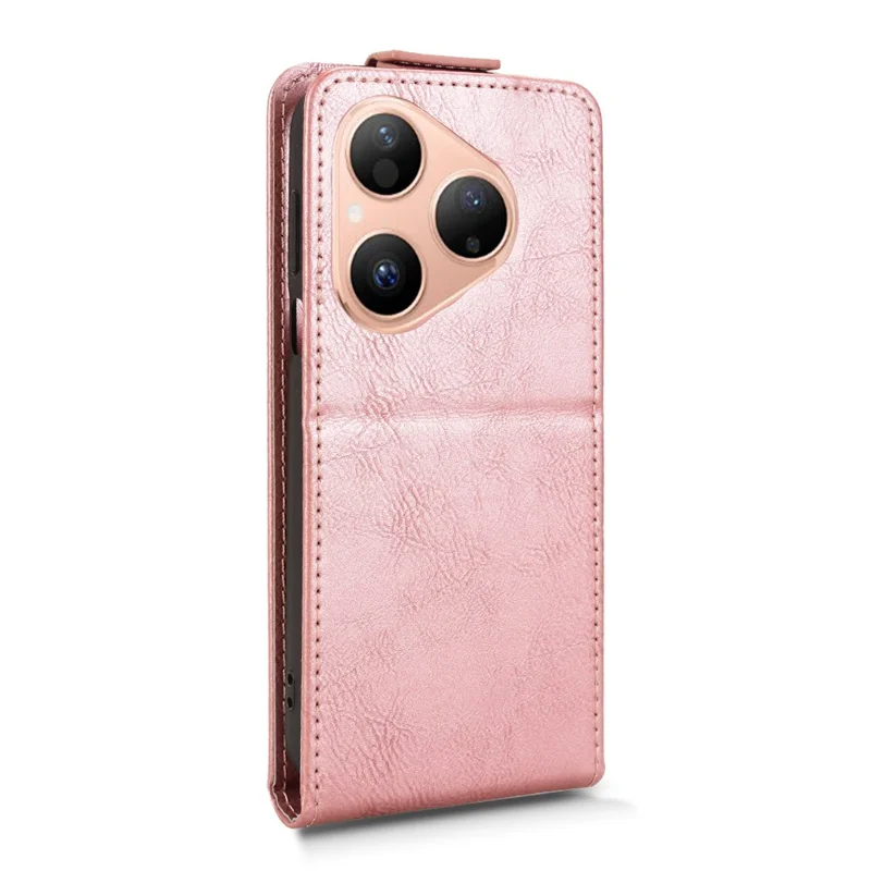 Capa Huawei Pura 80 com Suporte e Fecho Magnético - Flip Vertical em Couro com Porta-cartões - Dourado Rosé