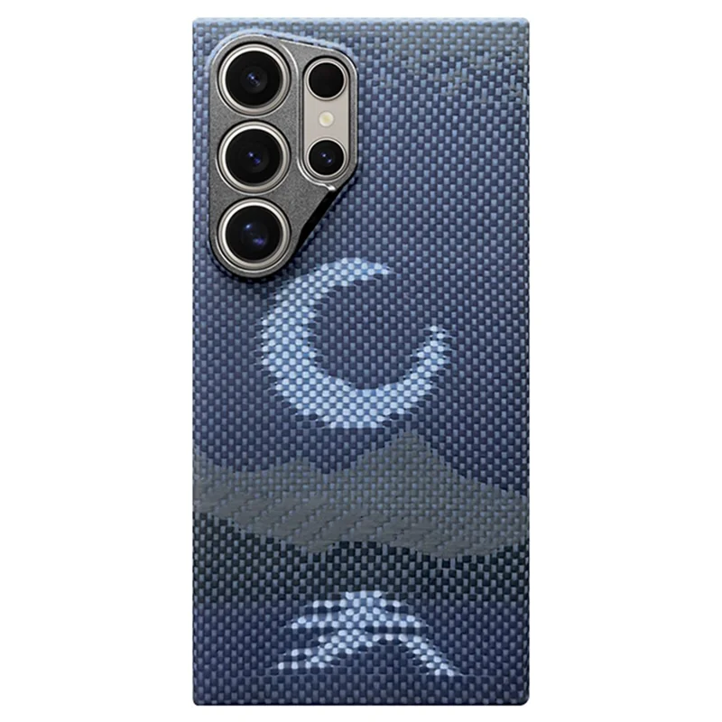Étui magnétique pour Samsung Galaxy S24 Ultra avec découpes précises, en fibre d'aramide, avec cadre métallique pour objectif - Lune
