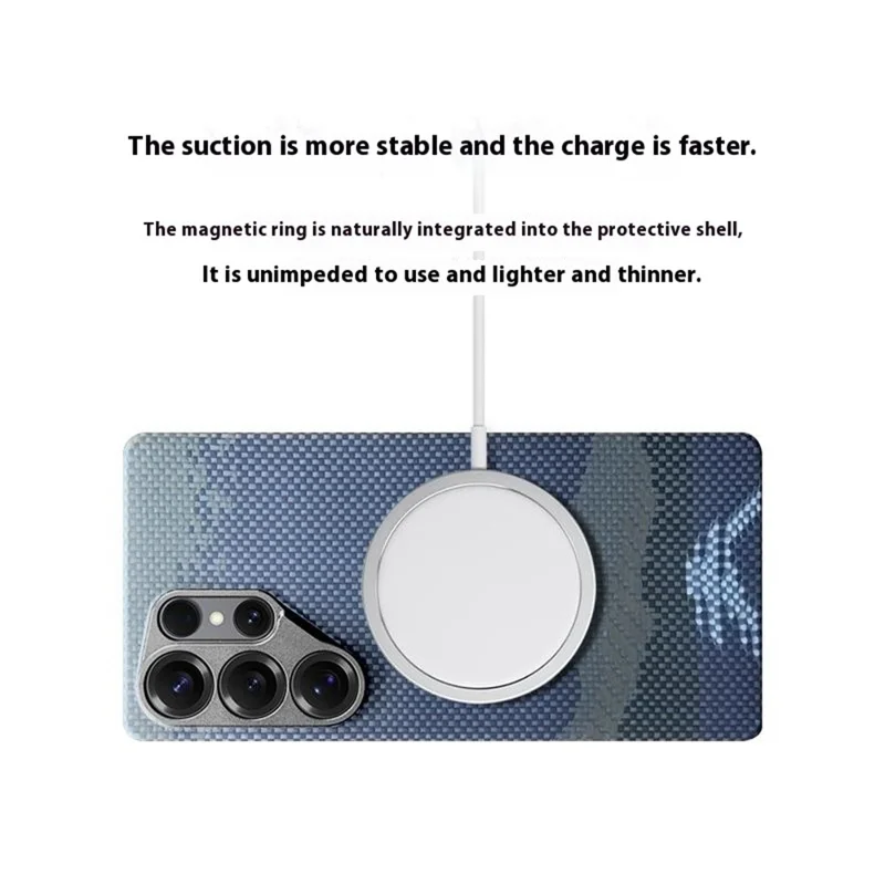 Étui magnétique pour Samsung Galaxy S24 Ultra avec découpes précises, en fibre d'aramide, avec cadre métallique pour objectif - Lune