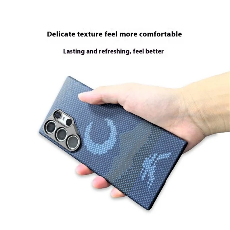 Étui magnétique pour Samsung Galaxy S24 Ultra avec découpes précises, en fibre d'aramide, avec cadre métallique pour objectif - Lune