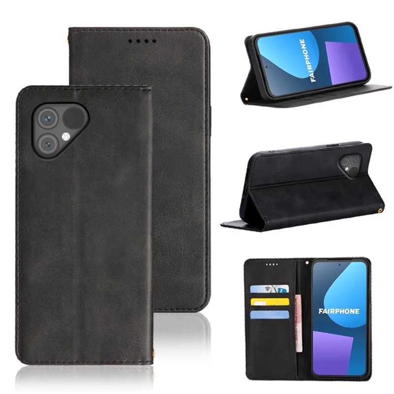 Étui portefeuille pour Fairphone 5 en cuir de veau texturé avec fermeture magnétique cachée - Noir
