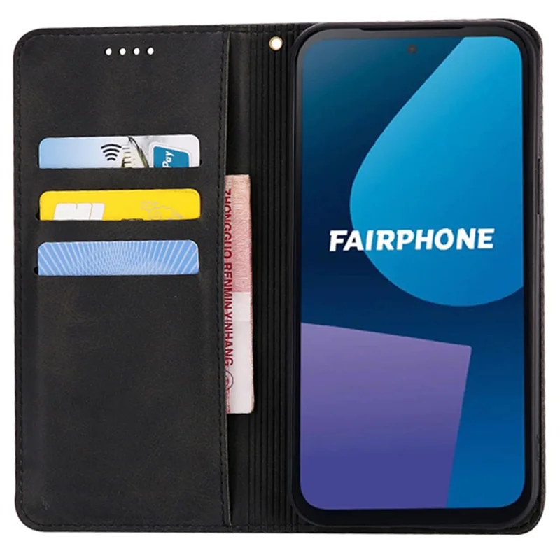 Étui portefeuille pour Fairphone 5 en cuir de veau texturé avec fermeture magnétique cachée - Noir