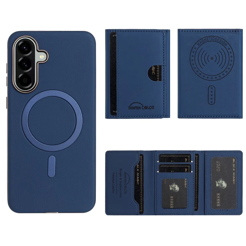 BINFEN COLOR BF38 Pour étui Samsung Galaxy A26 5G Porte-carte magnétique amovible Housse en cuir - Bleu foncé