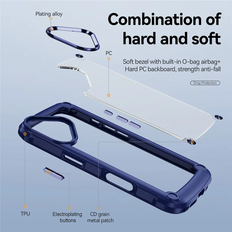 For iPhone 17 Case Anti-Drop Alloy Lens Frame PC + TPU Phone Cover - Blue