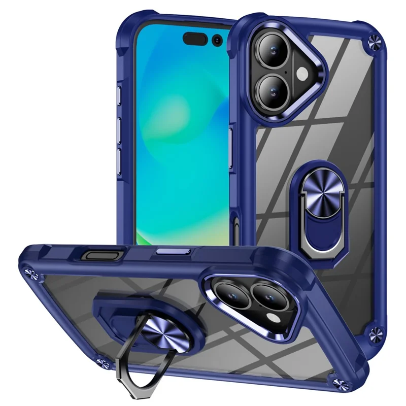 For iPhone 17 Case Alloy Lens Frame PC + TPU Kickstand Phone Back Cover - Blue
