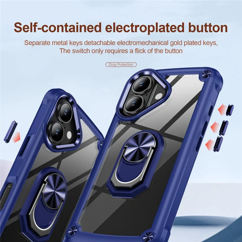For iPhone 17 Case Alloy Lens Frame PC + TPU Kickstand Phone Back Cover - Blue