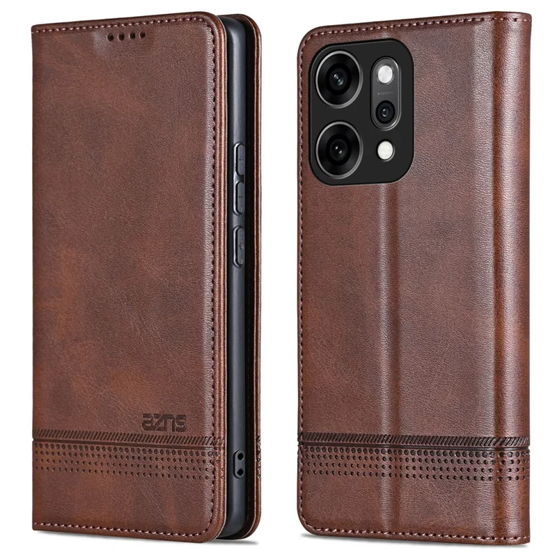 AZNS Pour Oppo Reno14 5G (Global) Étui en Cuir de Vachette avec Texture PU Portefeuille pour Téléphone - Café