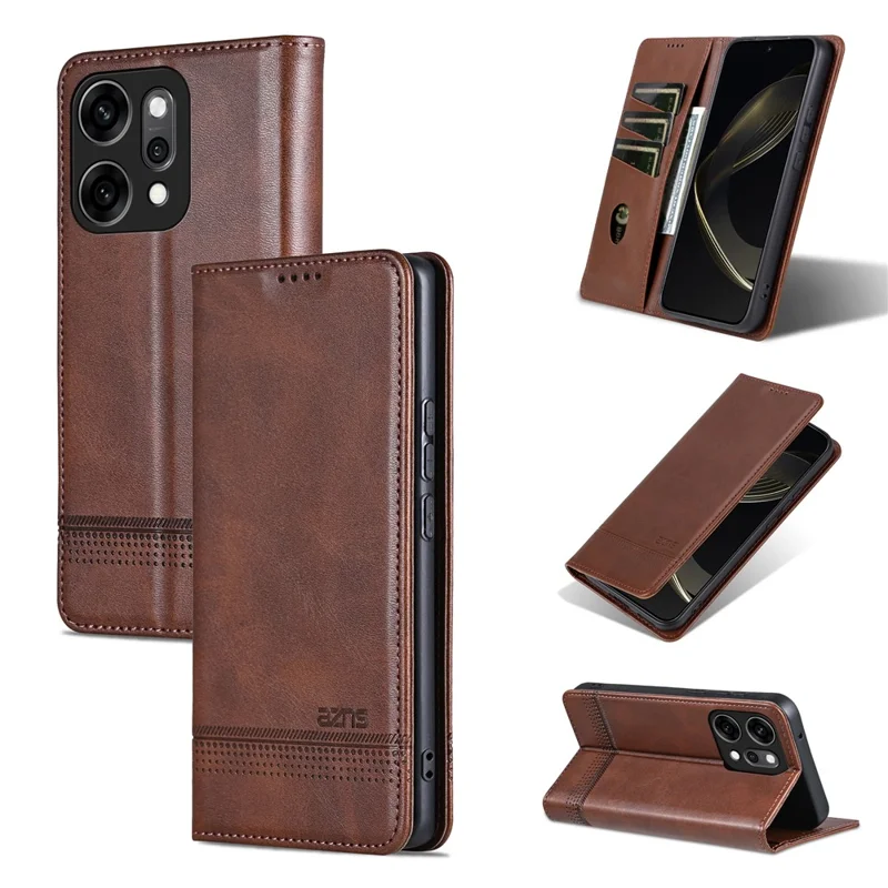 AZNS Pour Oppo Reno14 5G (Global) Étui en Cuir de Vachette avec Texture PU Portefeuille pour Téléphone - Café