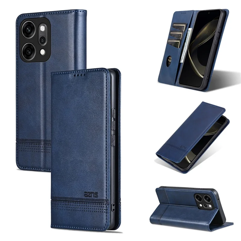 AZNS For Oppo Reno14 5G (Global) Case Cowhide Texture PU Leather Wallet Phone Cover - Blue