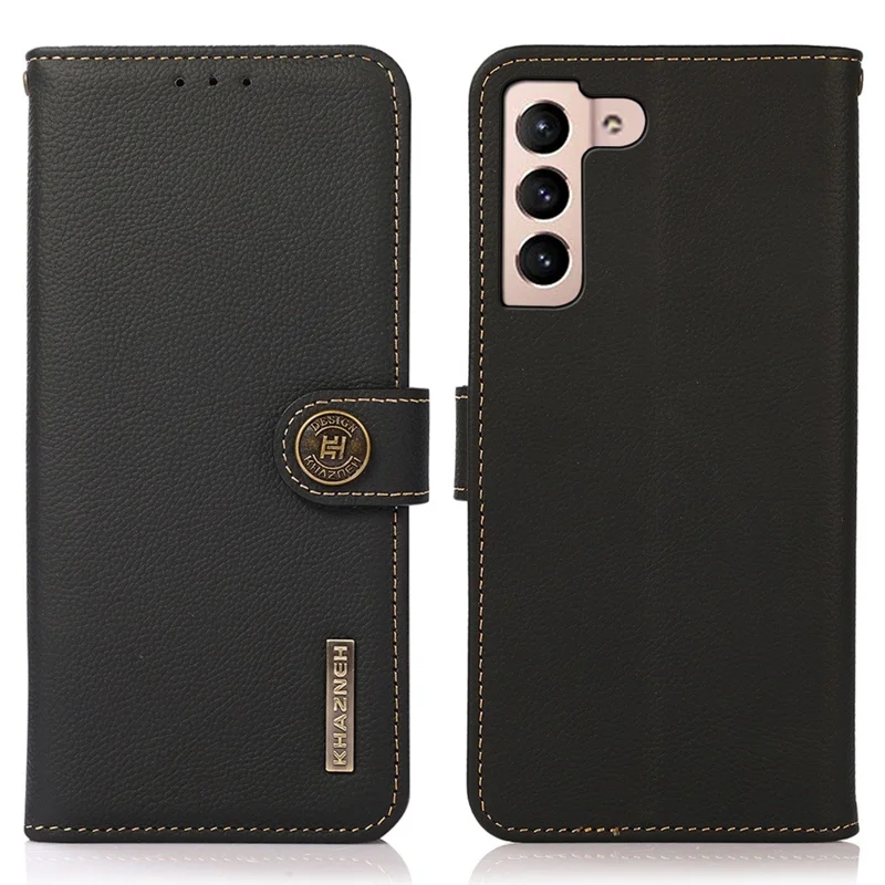 KHAZNEH для Samsung Galaxy S23 RFID Blocking Genuine Leather Phone Wallet Cover Foldable Stand Drop-proof Case - Чёрный